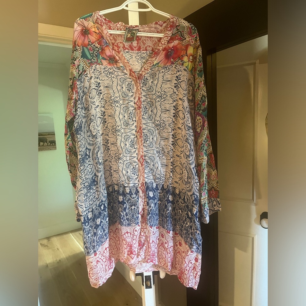 Johnny Was silk tunic top.